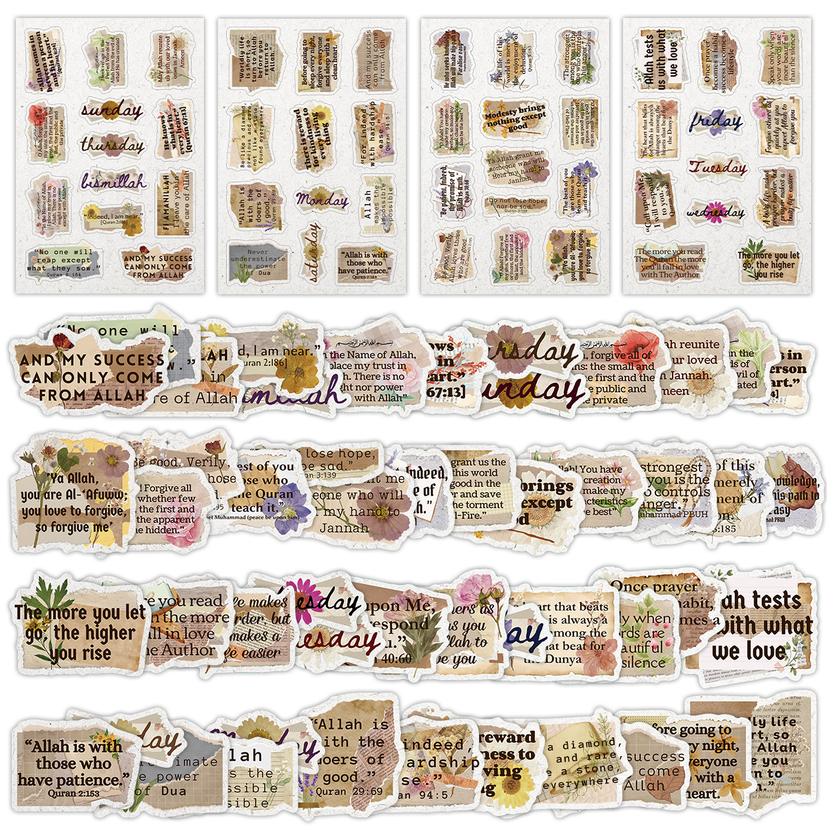 Gadget Q - 4sheets-50stickers Quranic Phrase Stickers,Vintage Quotes Floral